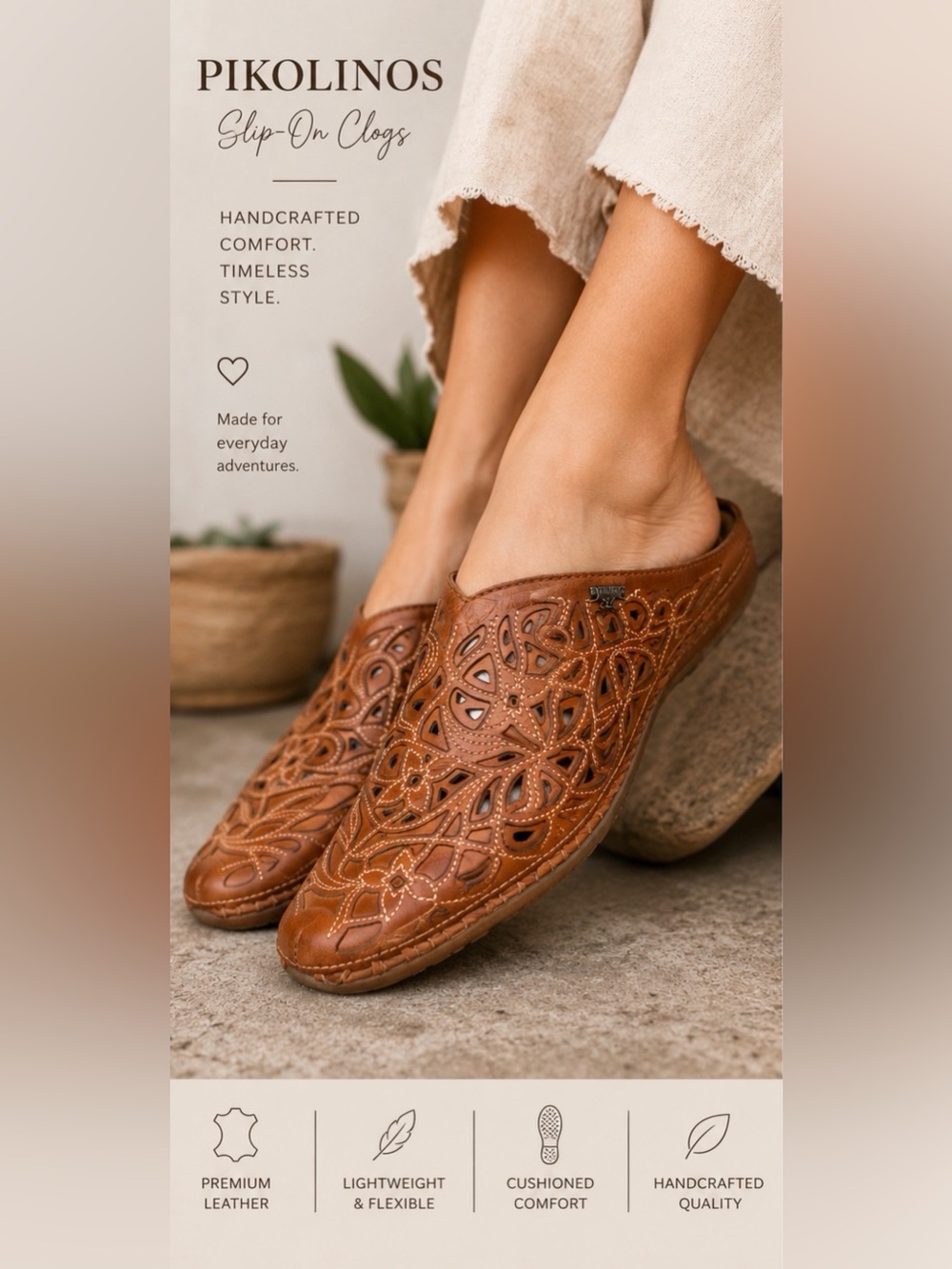 Pikolinos Leather Floral Cutwork Clogs Cognac Brown Slip On Mules Artisan